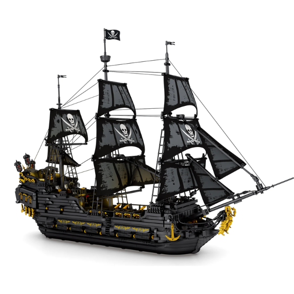 Navire pirate en blocs vue de côté, voiles noires à tête de mort et cordages