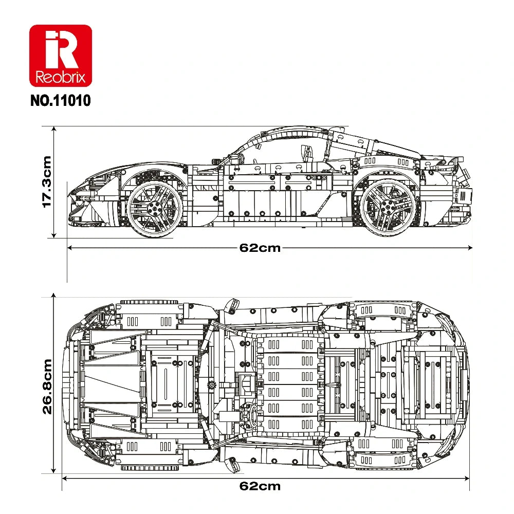 Plan technique d’une voiture de construction en briques, vues latérale et supérieure, dimensions