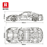 Plan technique d’une voiture de construction en briques, vues latérale et supérieure, dimensions