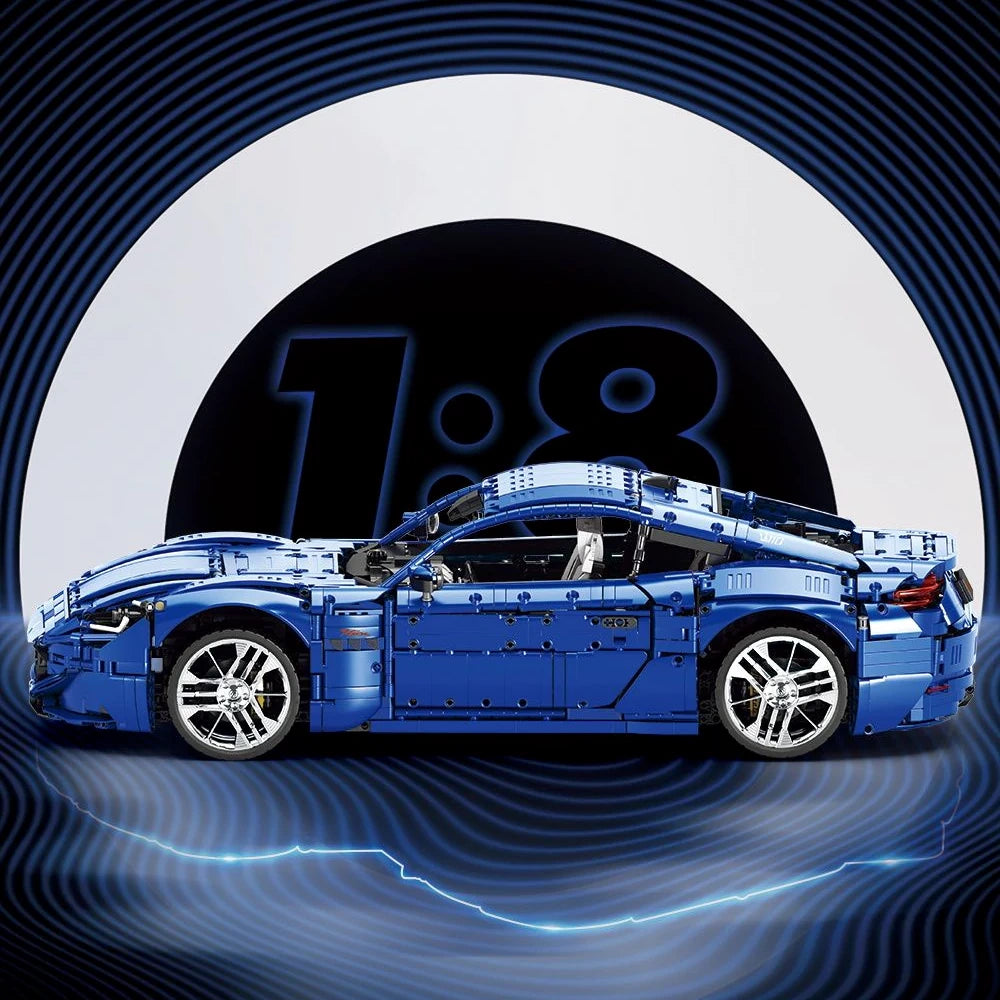 Voiture de construction en briques bleu Maserati GranTurismo, vue latérale, roues chromées