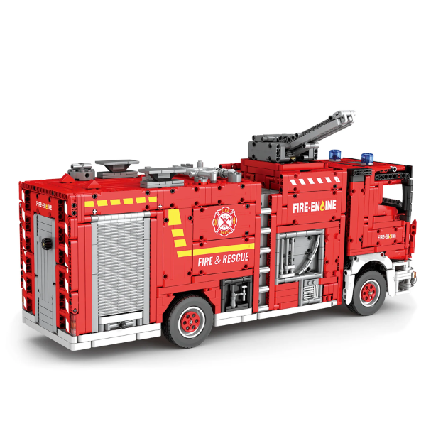 Camion de pompiers en briques rouges télécommandé, canon à eau et échelle déployée