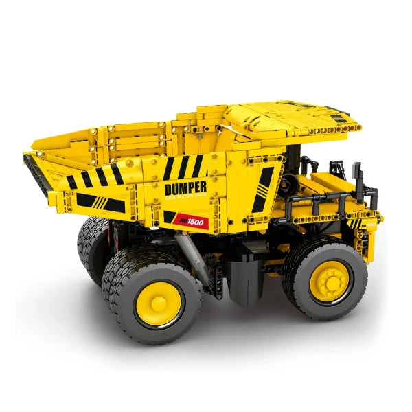 Camion minier à benne basculante en briques jaunes, rayures noires, roues jaunes