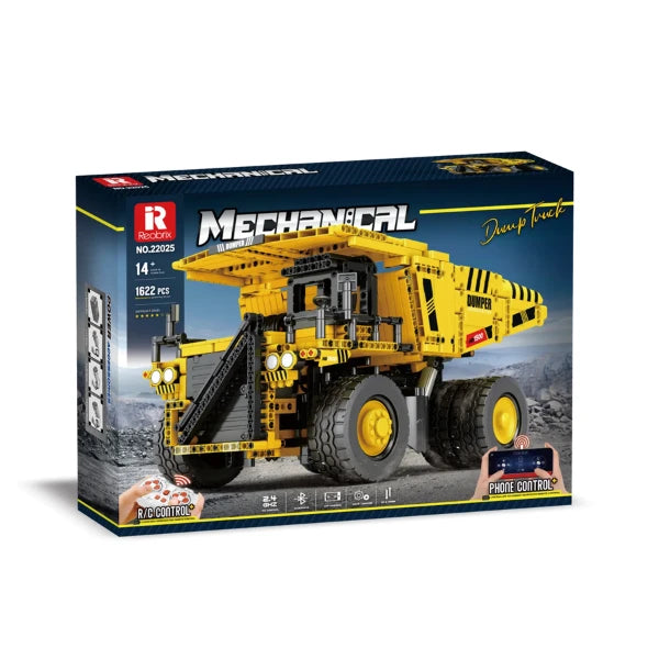 Boîte du kit Reobrix Mechanical Dump Truck, camion minier en briques jaunes