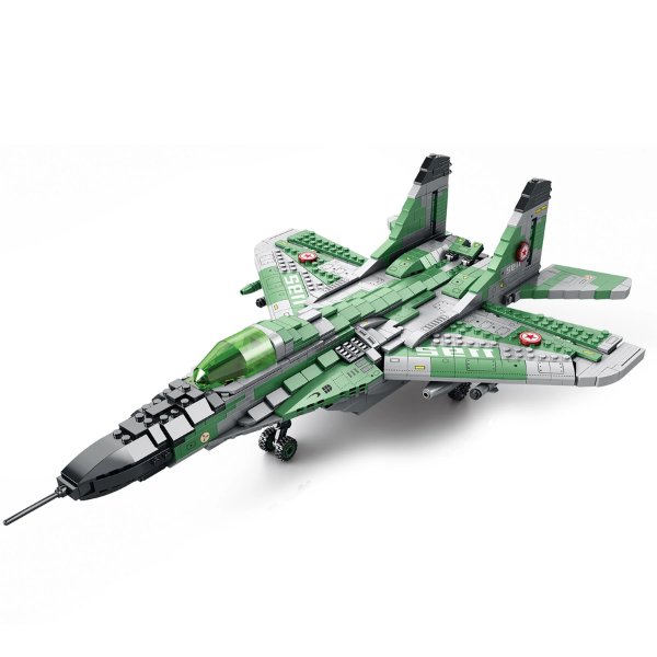 Maquette d’avion de chasse MIG-29 en briques vertes et grises, vue latérale