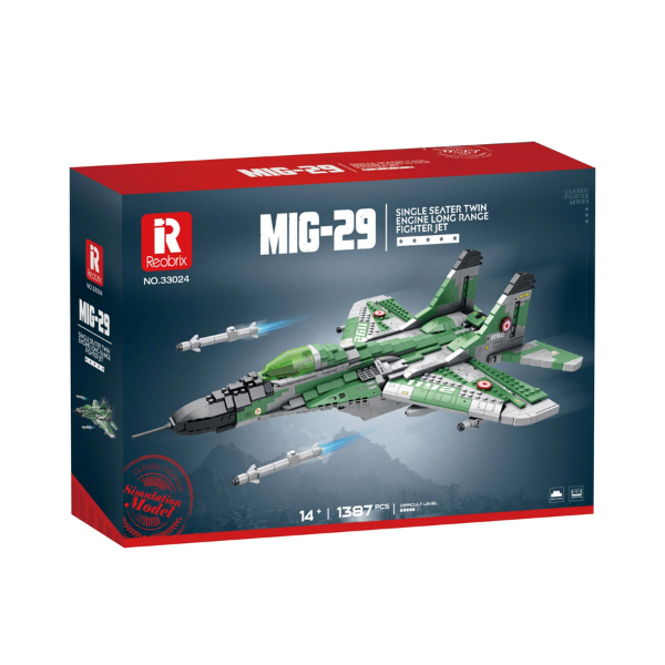 Boîte Reobrix pour maquette d’avion MIG-29 en briques vertes et grises