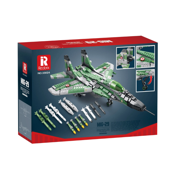 Boîte Reobrix MIG-29 avec maquette en briques vertes et pièces détachées
