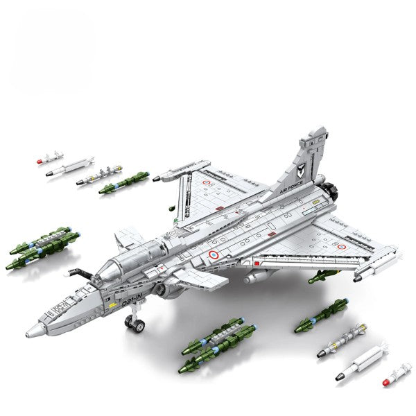 Maquette d’avion en briques Dassault Rafale gris avec armement autour