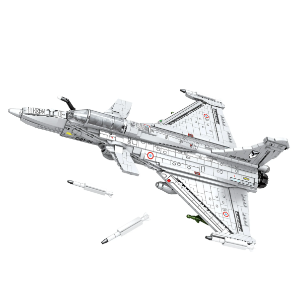 Maquette d’avion en briques Dassault Rafale gris, vue de dessus avec missiles