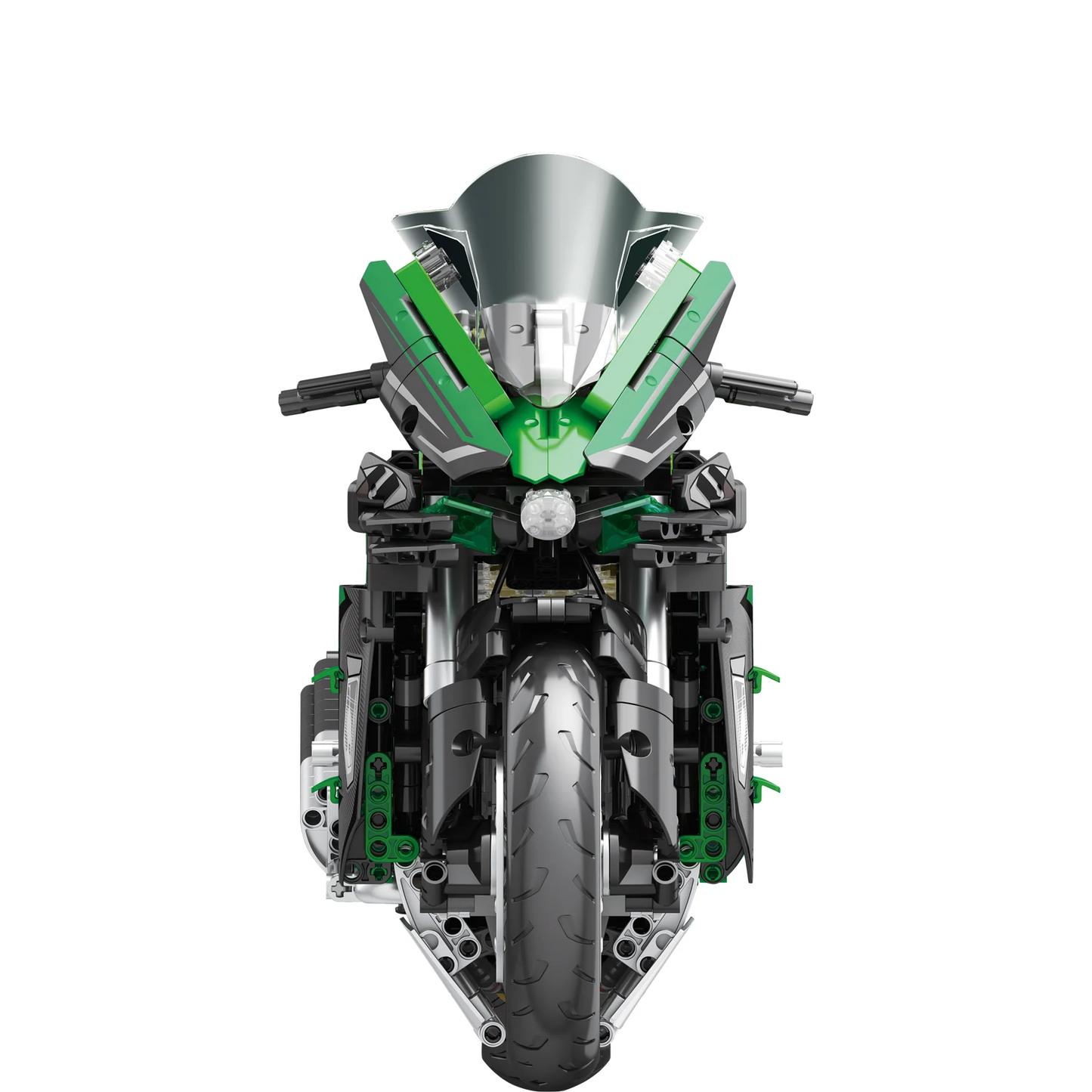Moto en briques Technic vue arrière, vert, gris et noir, avec ailes et roues avant
