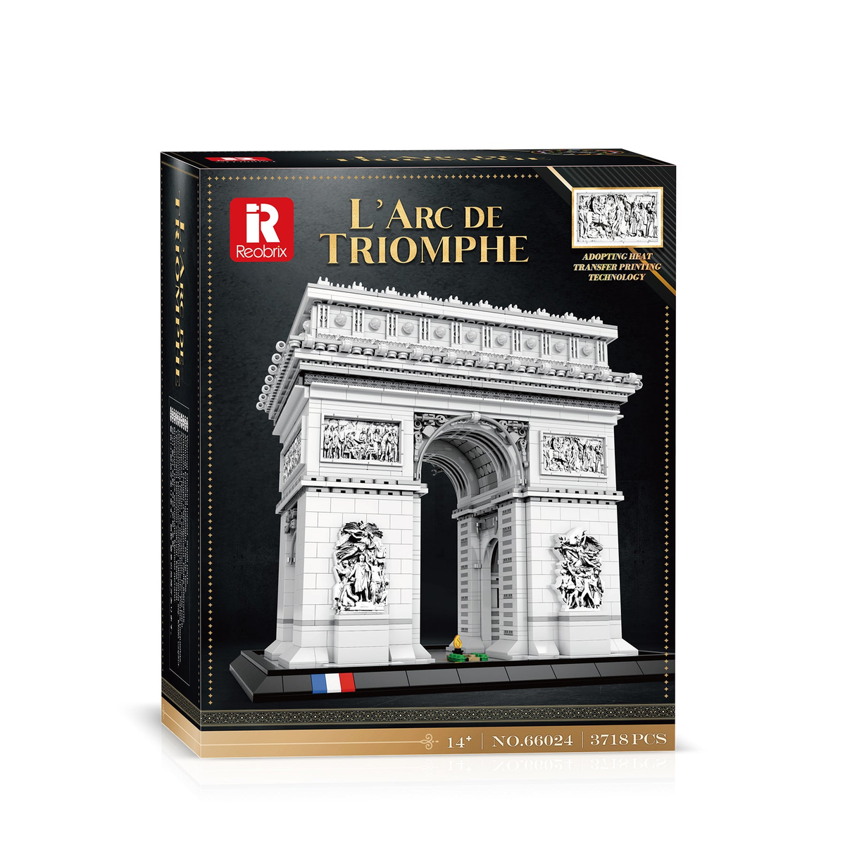 Boîte de construction REOBRIX «L’Arc de Triomphe» avec maquette blanche sur fond noir