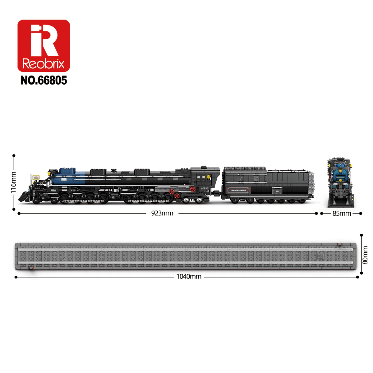 Locomotive à vapeur REOBRIX bleue et noire avec tender gris, vue de profil.