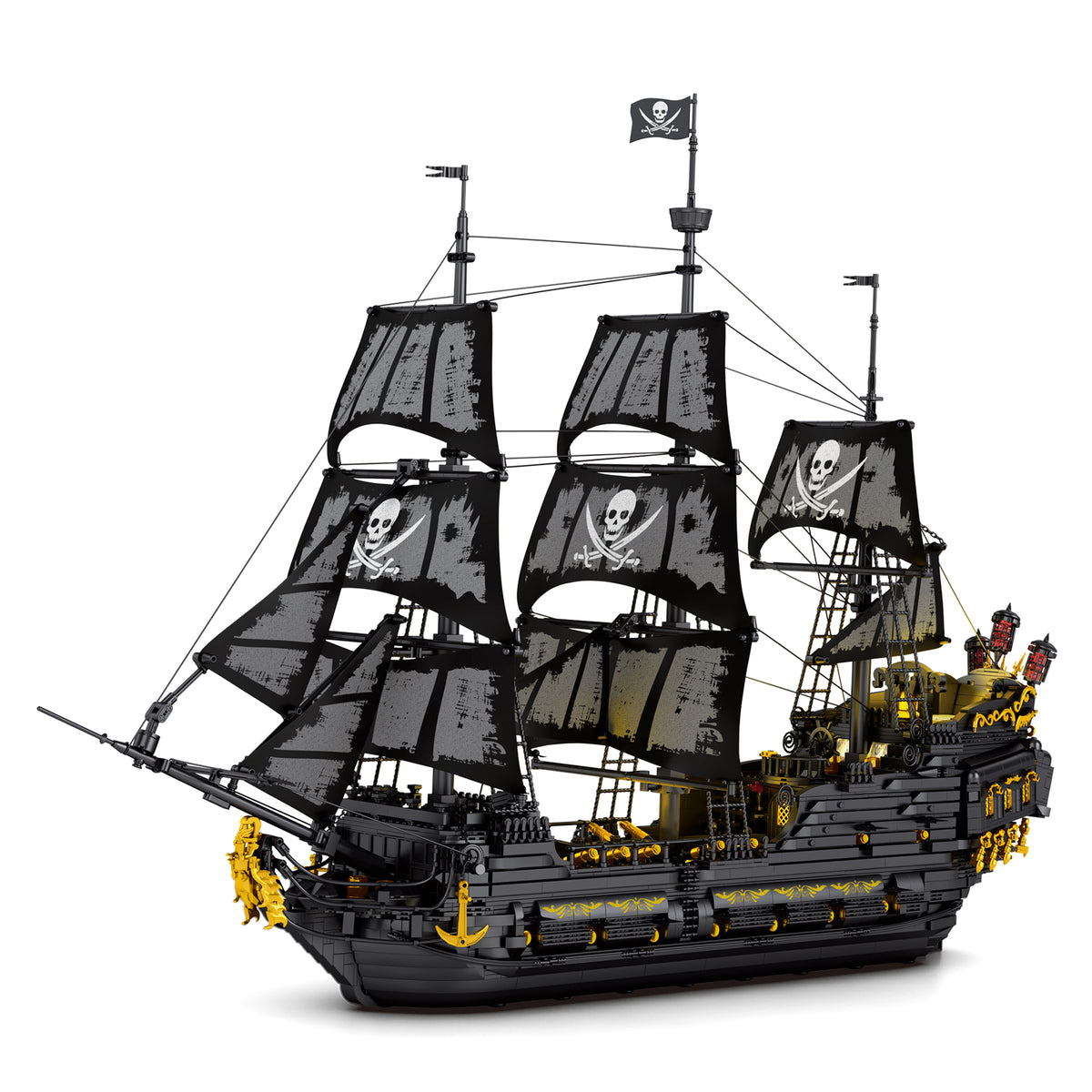 Navire pirate en blocs avec voiles noires tête de mort et coque noire à accents jaunes