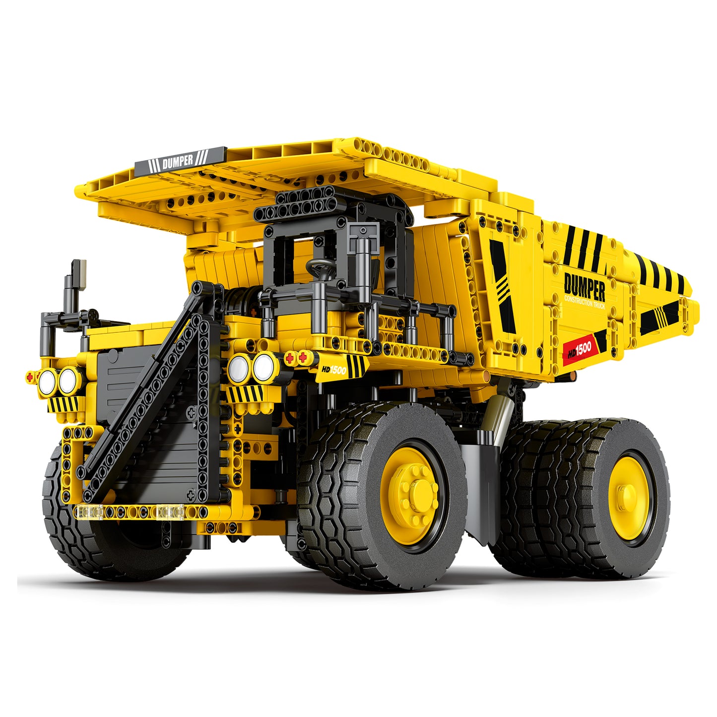 Camion minier à benne basculante en briques jaunes et noires, roues à pneus épais