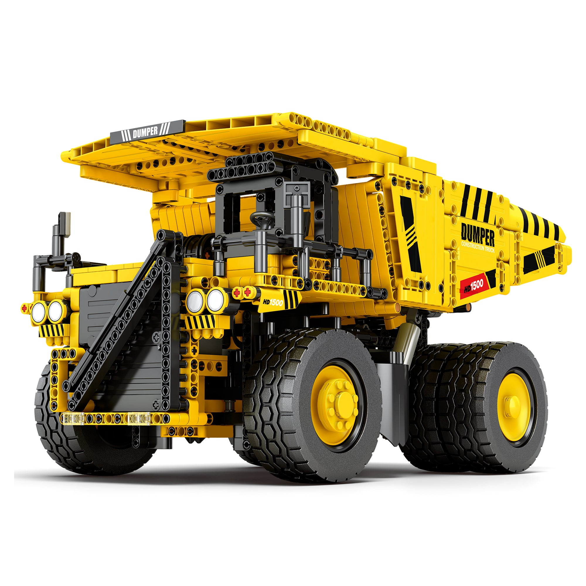 Camion minier à benne basculante en briques jaunes et noires, roues à pneus épais