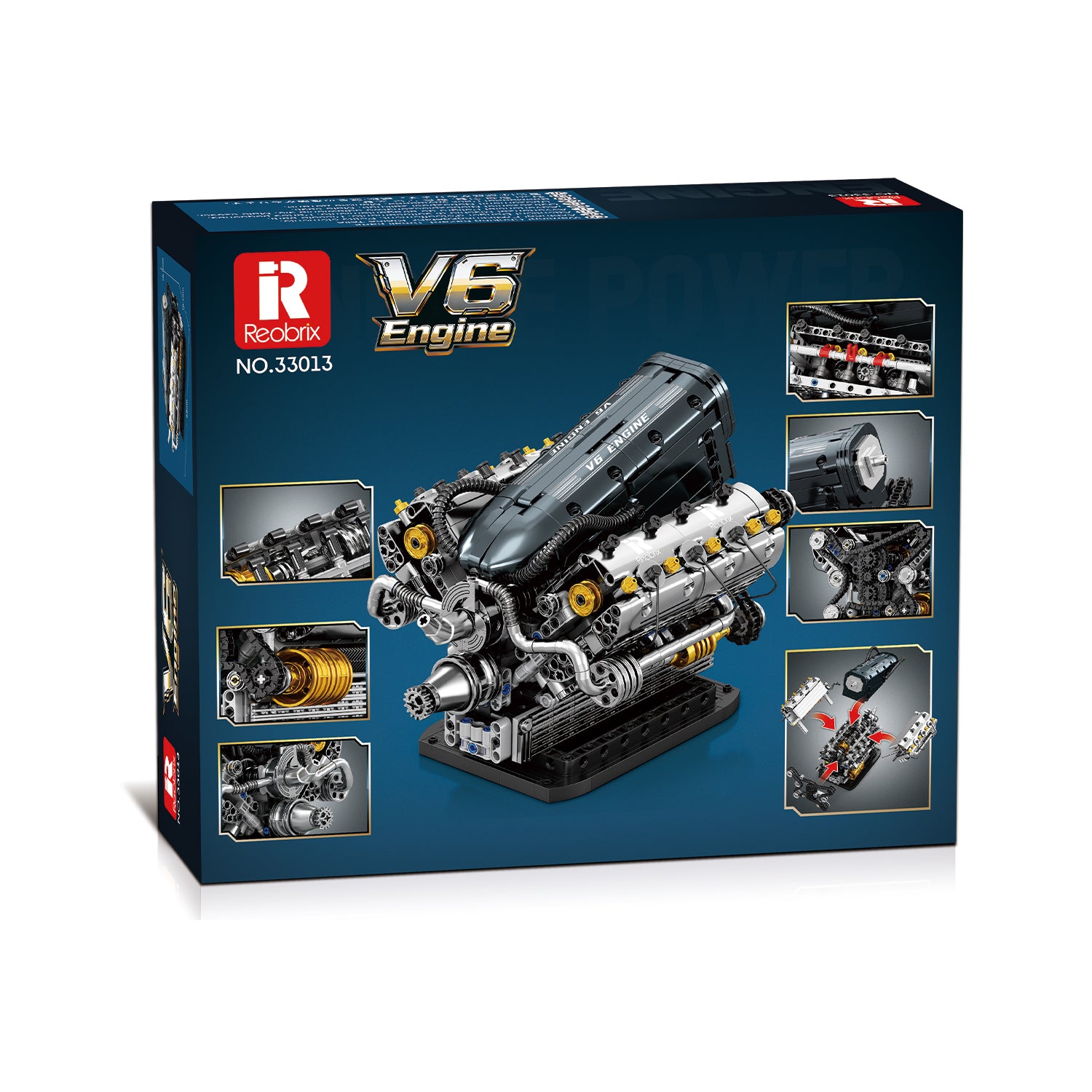 Boîte du kit moteur V6 en briques Reobrix, vignettes d’assemblage