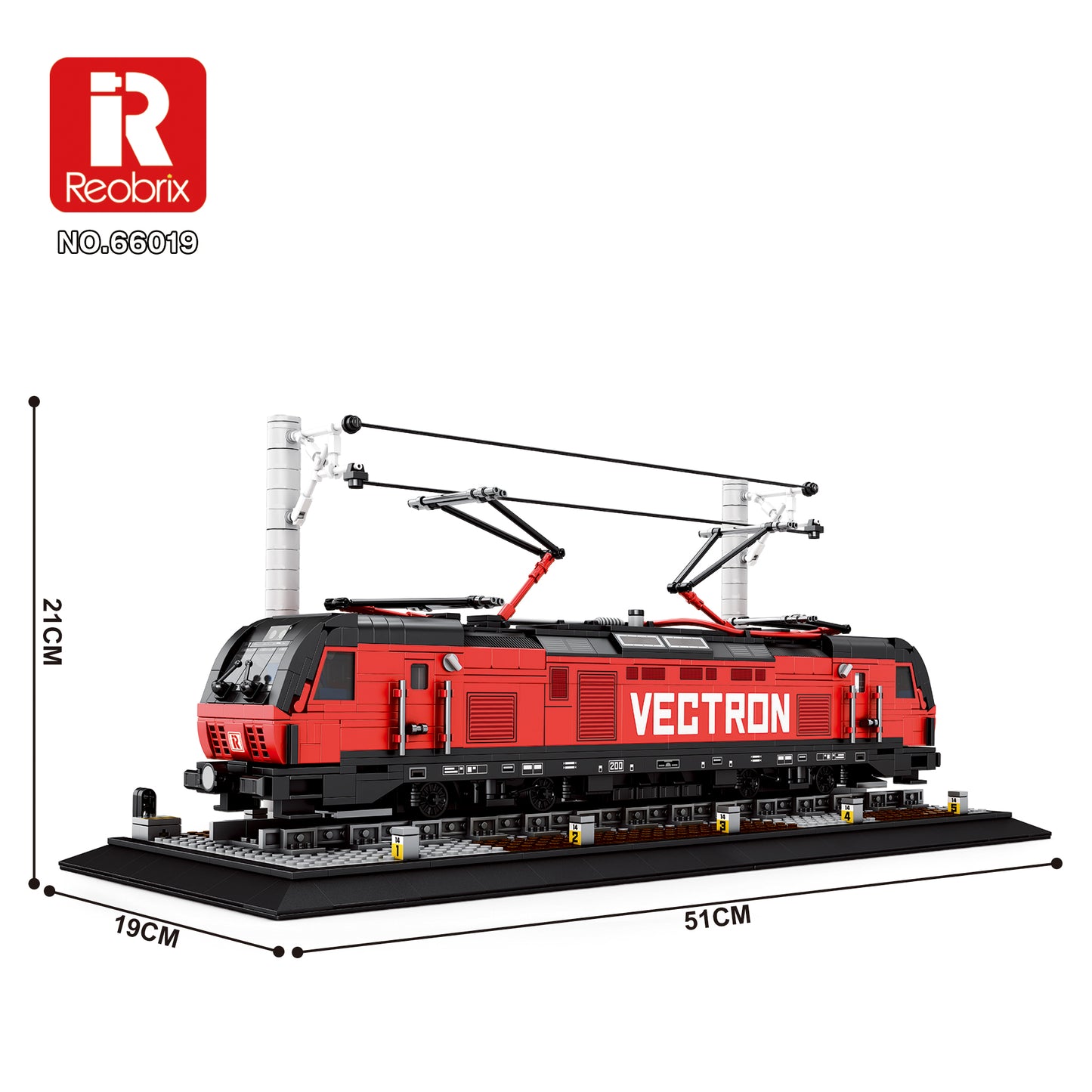 Train Vectron rouge à construire, vue latérale avec caténaire, dimensions 51×19 cm