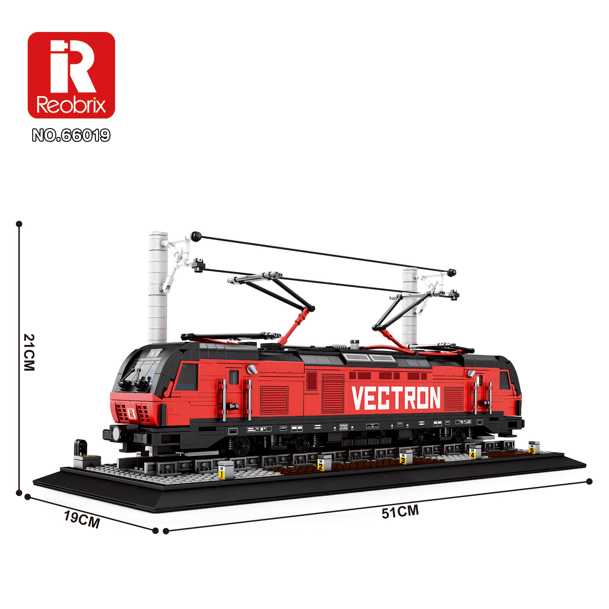 Train Vectron rouge à construire, vue latérale avec caténaire, dimensions 51×19 cm