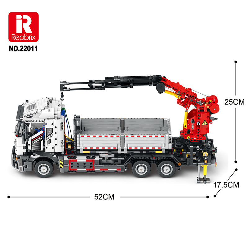 Camion grue automotrice en briques Reobrix, cabine blanche et flèche rouge, télécommandée
