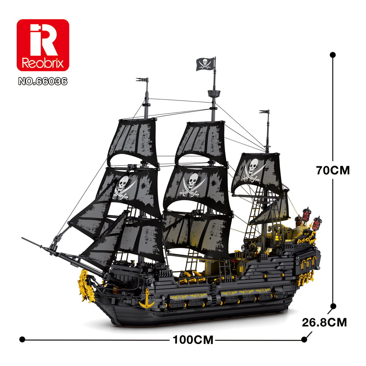 Maquette de navire pirate en blocs, voiles noires à motif tête de mort, détails jaunes