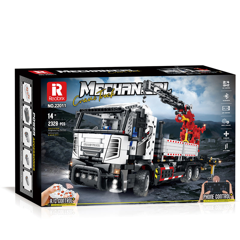 Coffret de construction Reobrix, camion grue télécommandé en briques, boîte illustrée