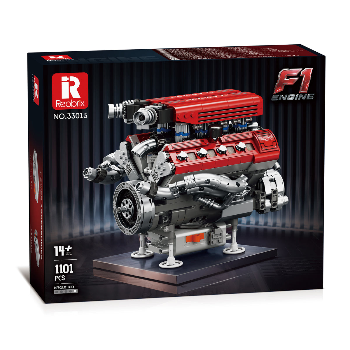Boîte de briques Reobrix Moteur concept V8 rouge et gris, 1101 éléments