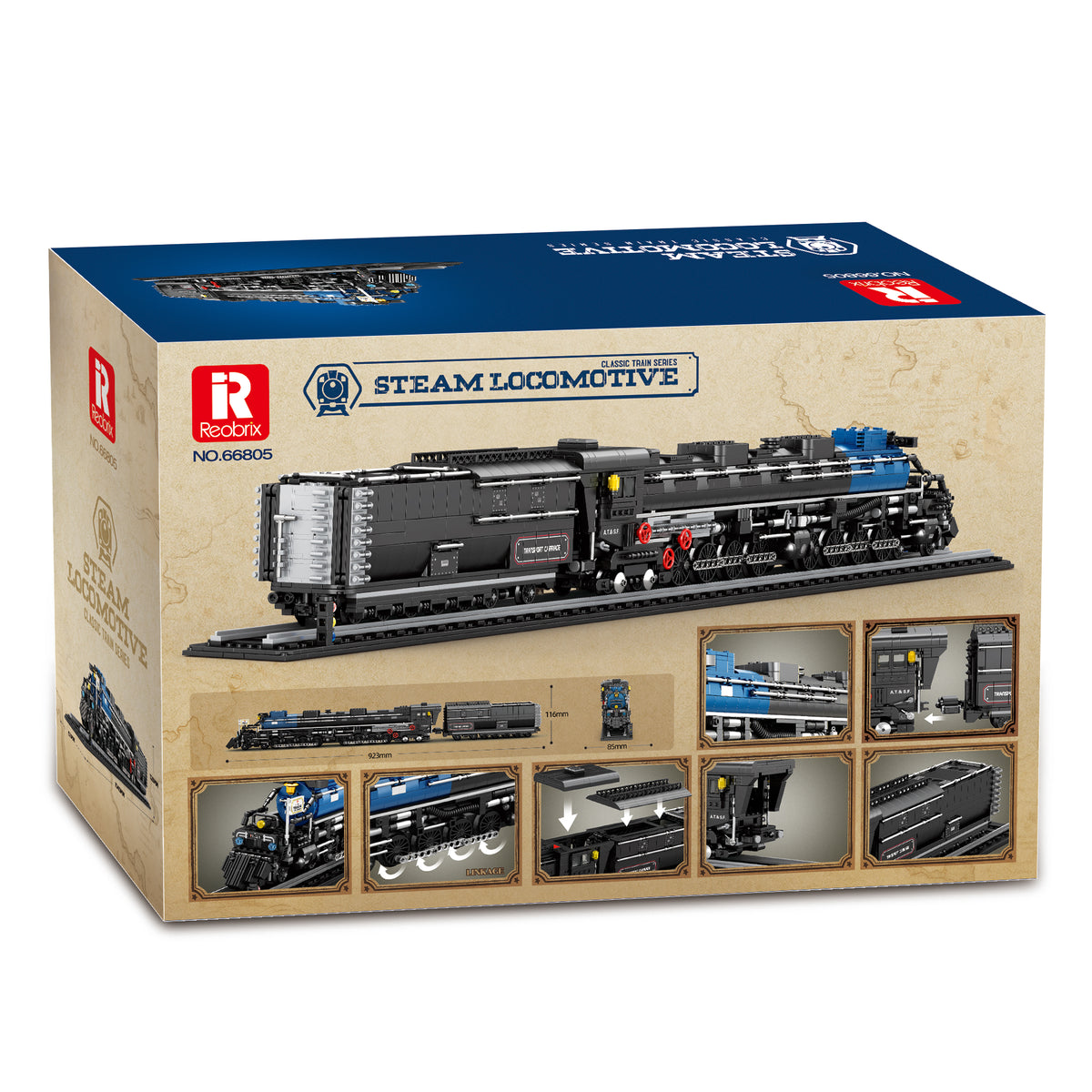 Boîte REOBRIX : locomotive à vapeur en briques, vues des modules et du modèle.