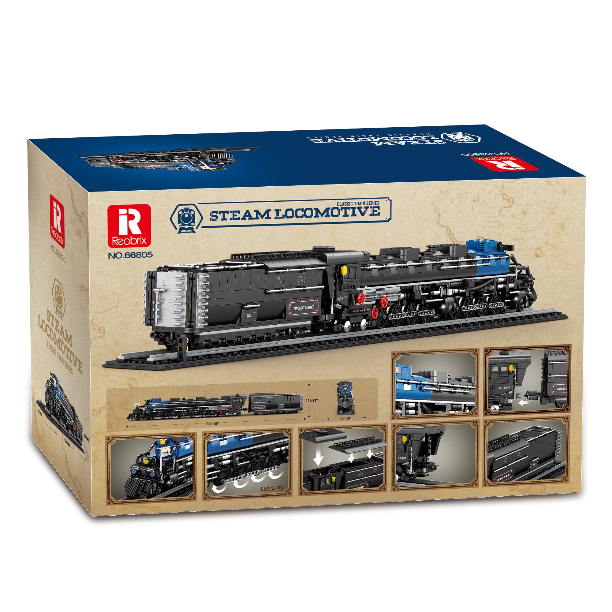 Boîte REOBRIX : locomotive à vapeur en briques, vues des modules et du modèle.