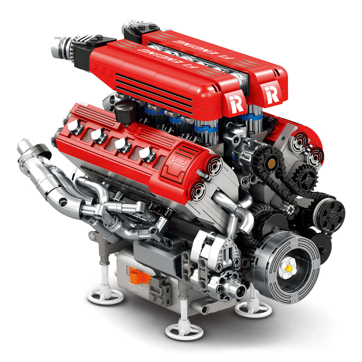 Modèle de moteur V8 en briques, carter rouge et pièces grises, vue 3/4