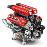 Modèle de moteur V8 en briques, carter rouge et pièces grises, vue 3/4
