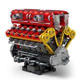 Moteur V12 en briques assemblé, rouge, noir, pièces jaunes et grises