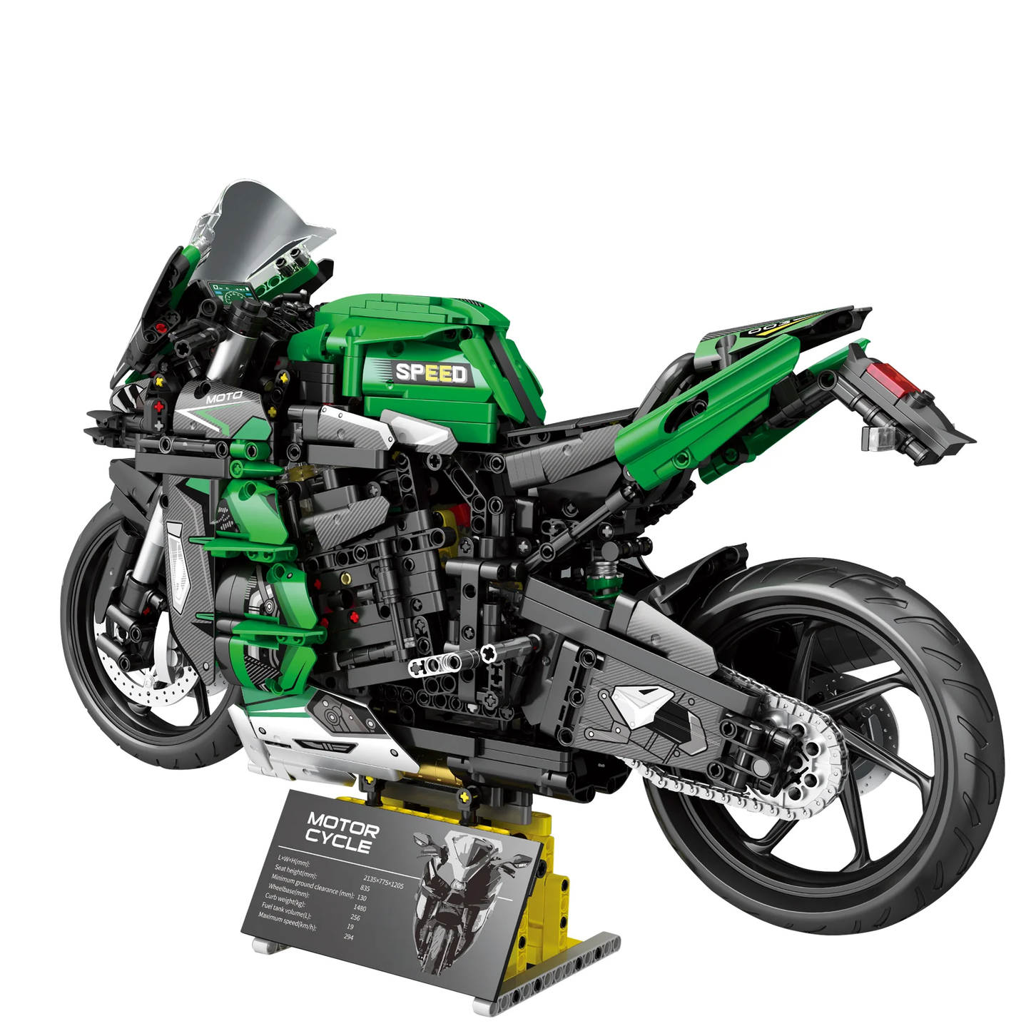 Moto en briques Technic vue latérale, vert, gris et noir, avec roues et échappement