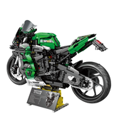 Moto en briques Technic vue latérale, vert, gris et noir, avec roues et échappement