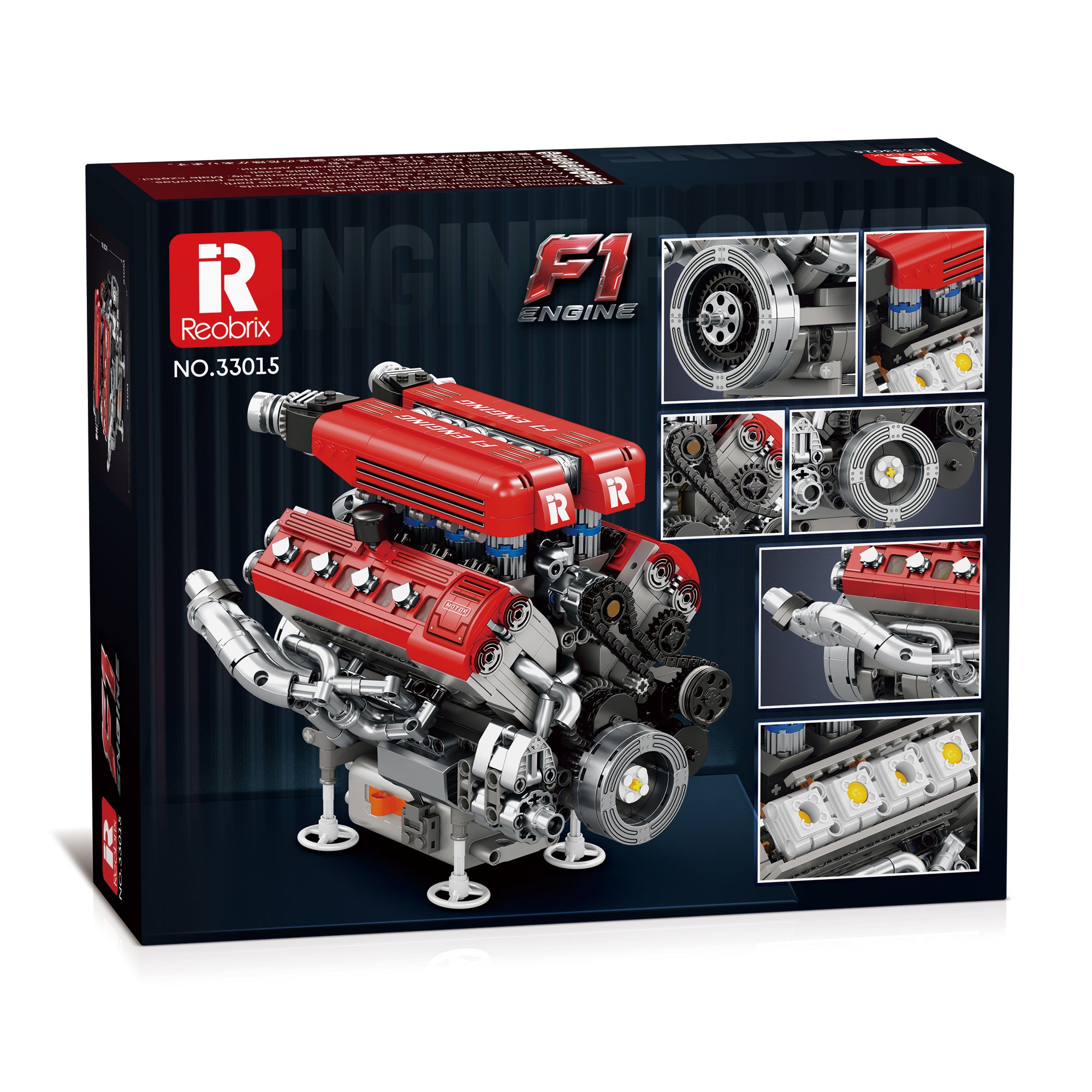 Boîte de briques Reobrix avec moteur V8 rouge/gris et aperçus des pièces