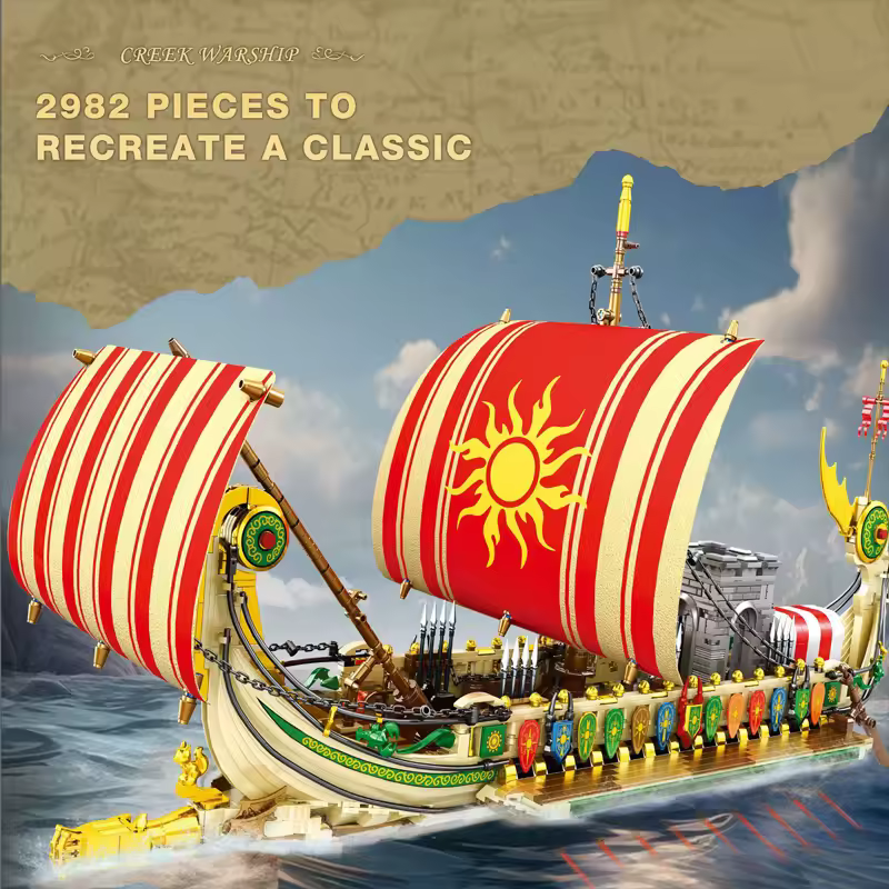 Maquette de navire de guerre grec REOBRIX, grand bateau à voiles rouges et blanches