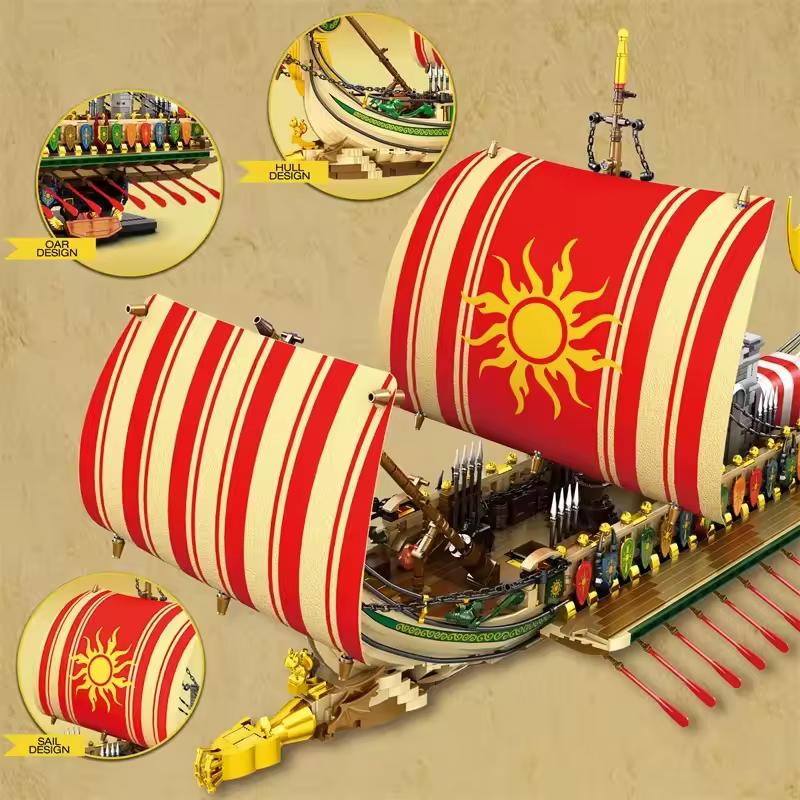 Maquette de navire de guerre grec REOBRIX, voiles rouges à soleil sur la poupe