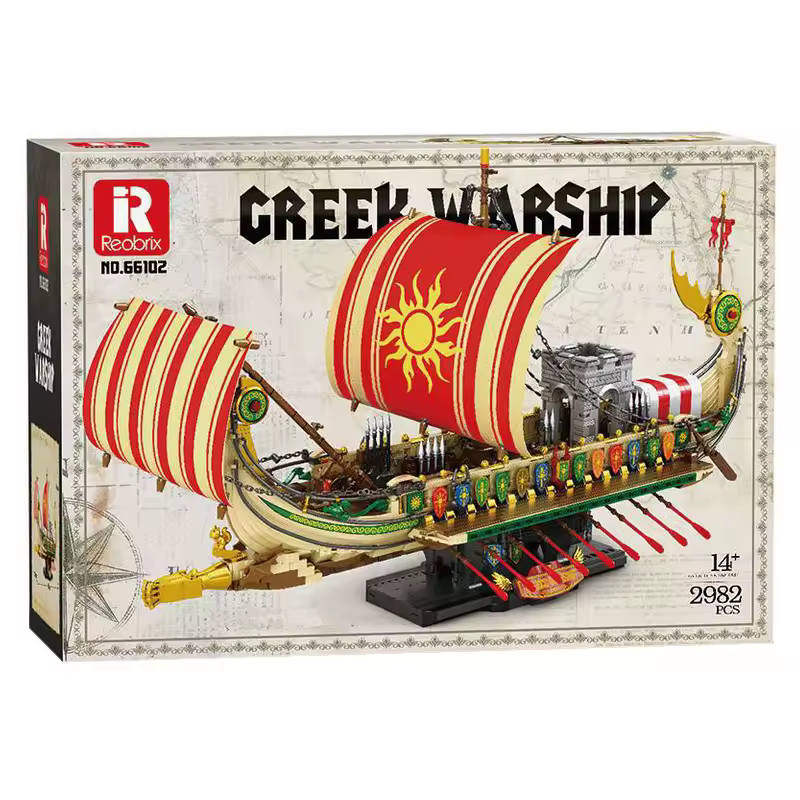 Maquette de navire de guerre grec REOBRIX 66102, boîte avec voiles rouges
