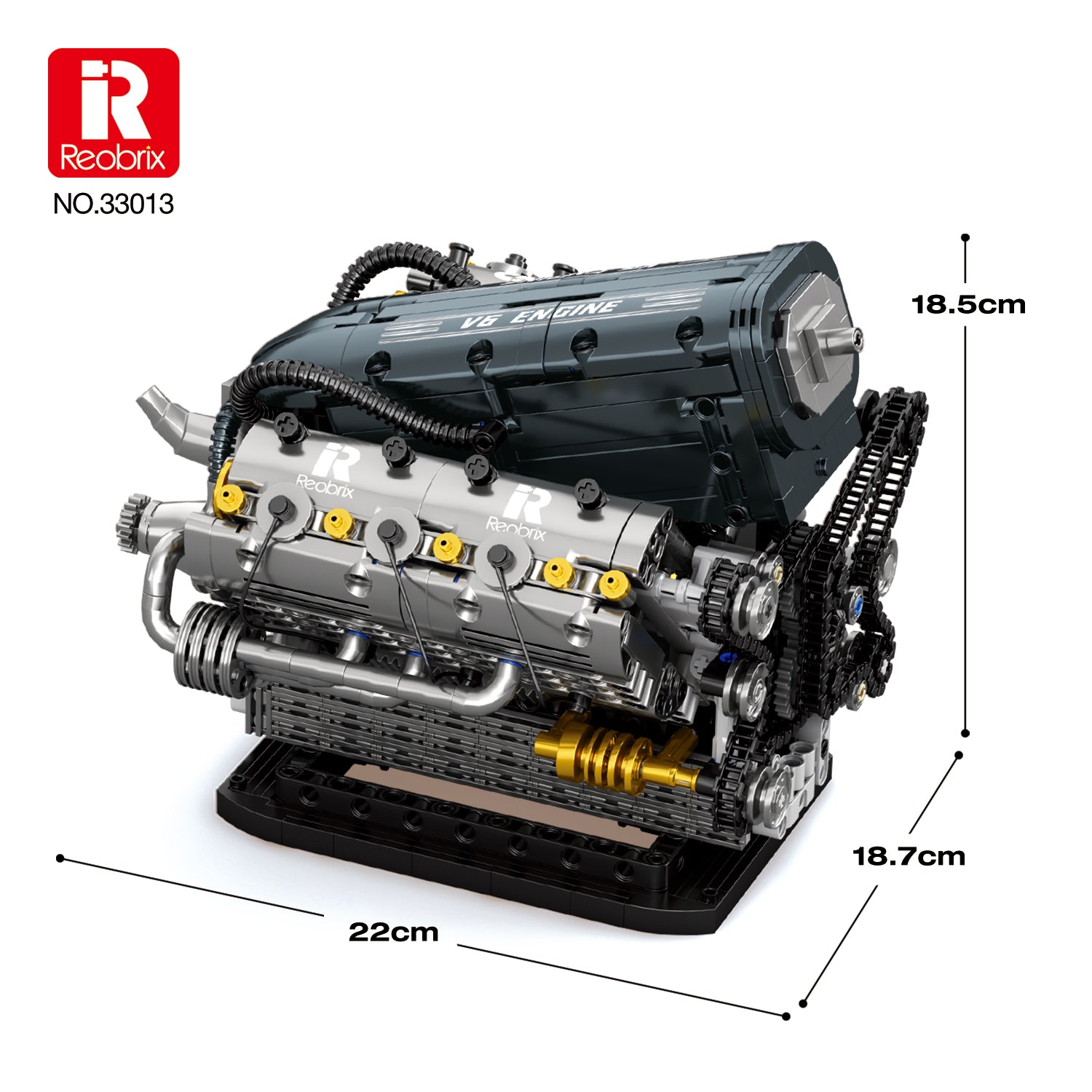 Moteur V6 en briques Reobrix sur socle noir, vue 3/4 avec détails mécaniques
