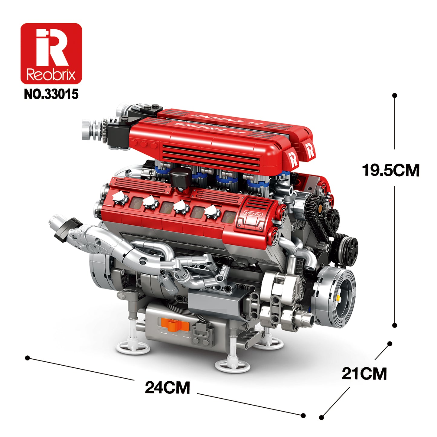 Moteur V8 en briques rouges et grises avec dimensions 24×21×19,5 cm