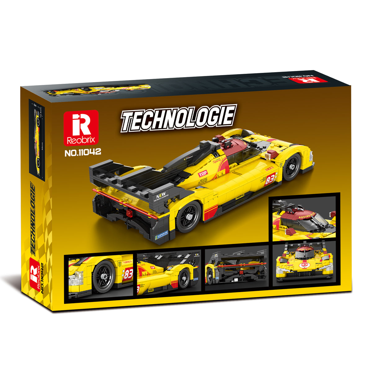 Boîte de construction REOBRIX TECHNOLOGIE montrant hypercar jaune aux détails rouges
