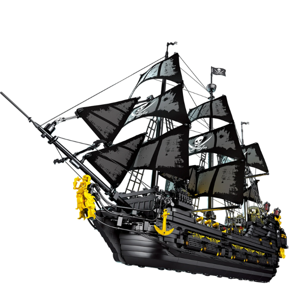 Navire pirate en blocs avec voiles noires texturées et pavillons tête de mort