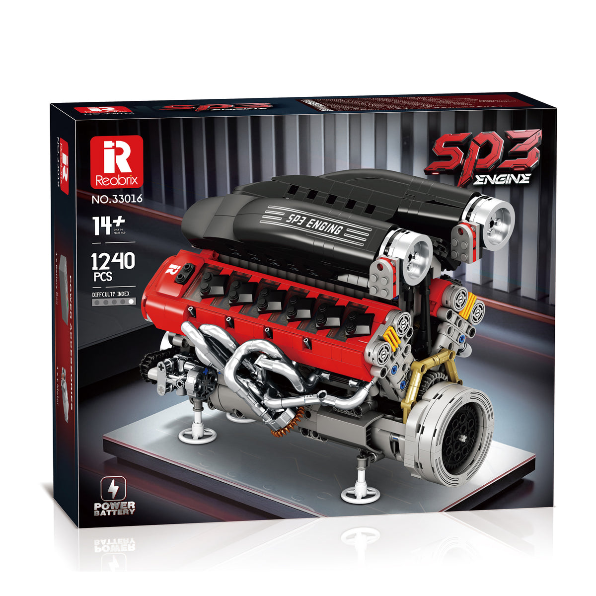 Boîte de construction avec moteur en briques noir et rouge sur présentoir