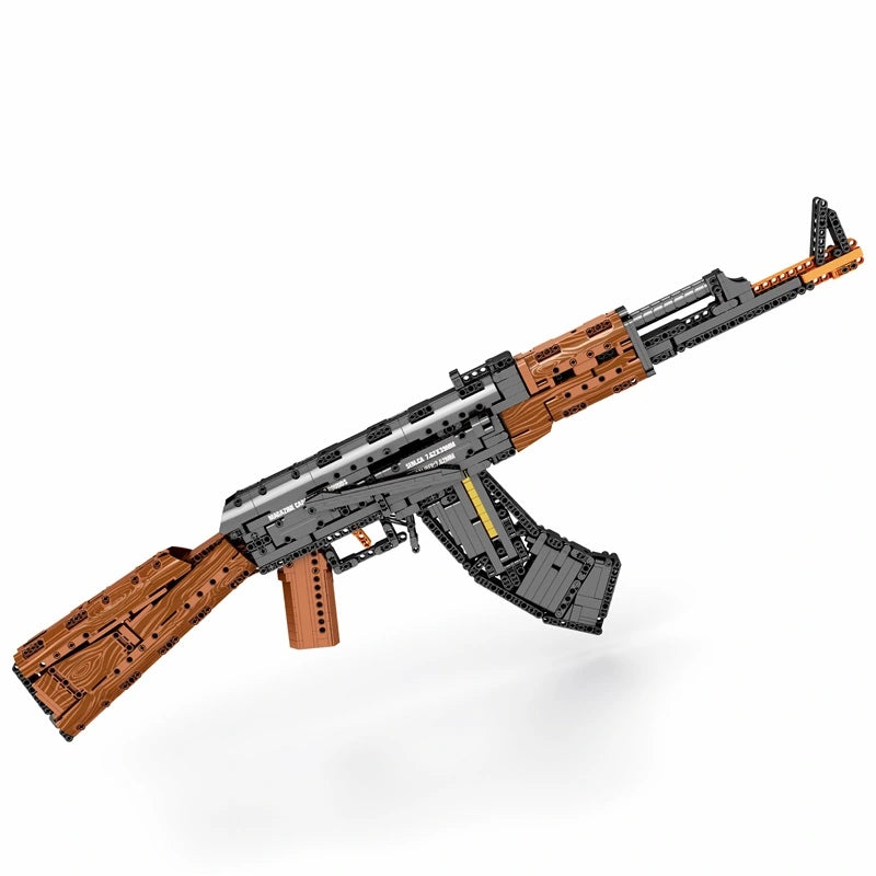 Fusil d’assaut AK-47 en briques, vue de côté, canon long et chargeur intégré
