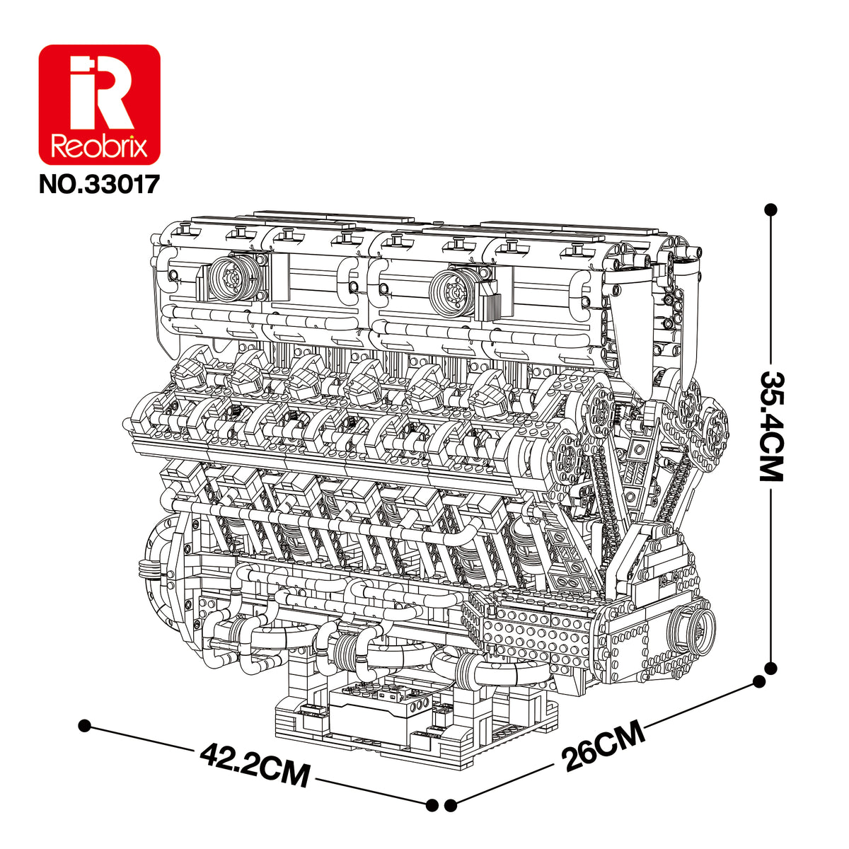 Moteur V12 en briques à monter, schéma technique détaillé, gris