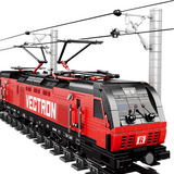 Toit du train Vectron rouge avec pantographes gris et tiges de caténaire