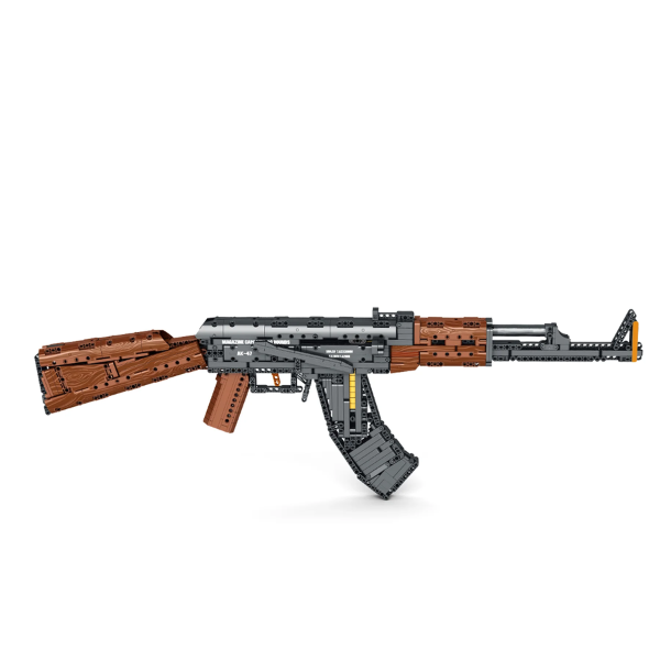 Fusil d’assaut AK-47 en briques, vue trois-quarts, crosses en bois et pièces grises