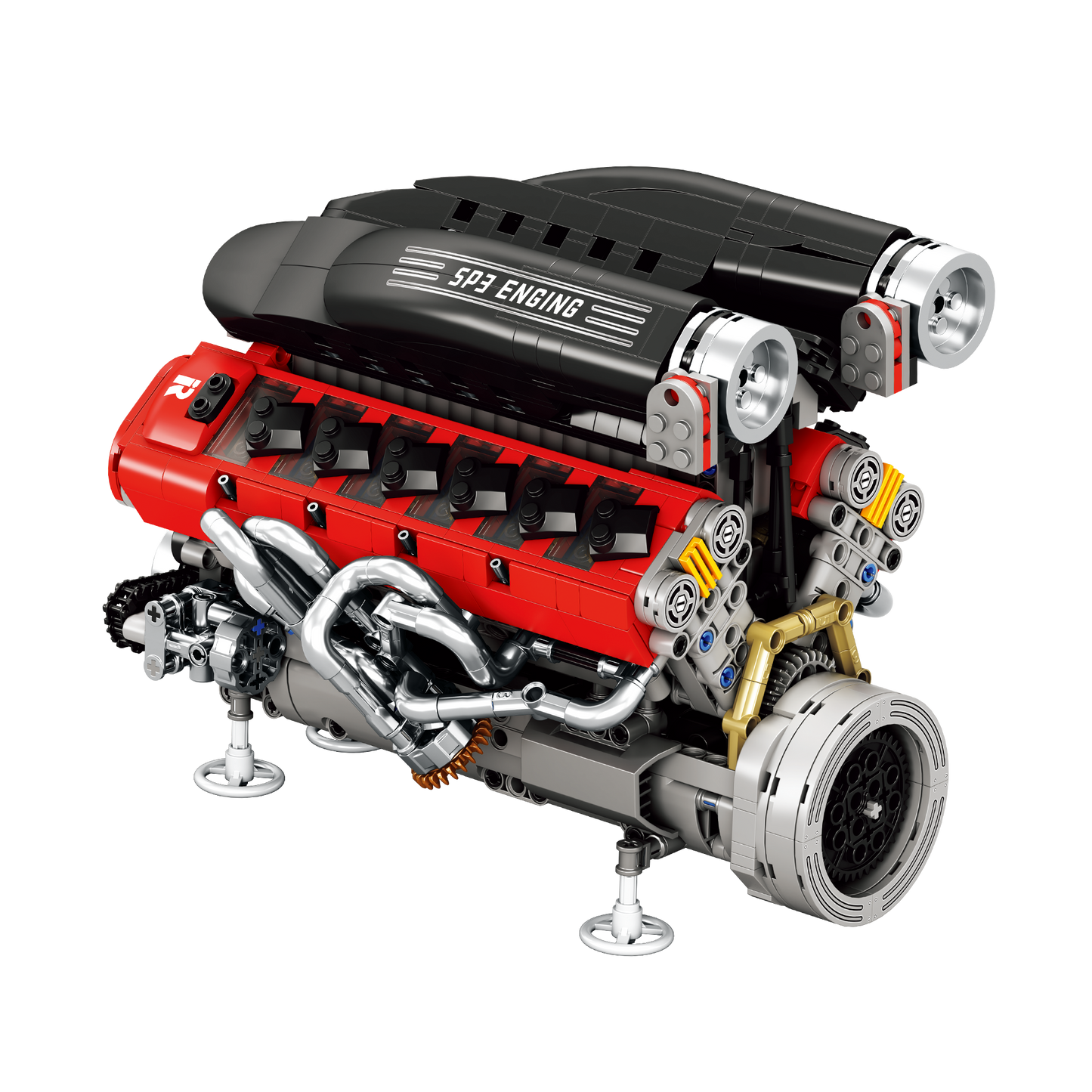 Moteur en briques noir et rouge avec éléments jaunes et ventilateur arrière