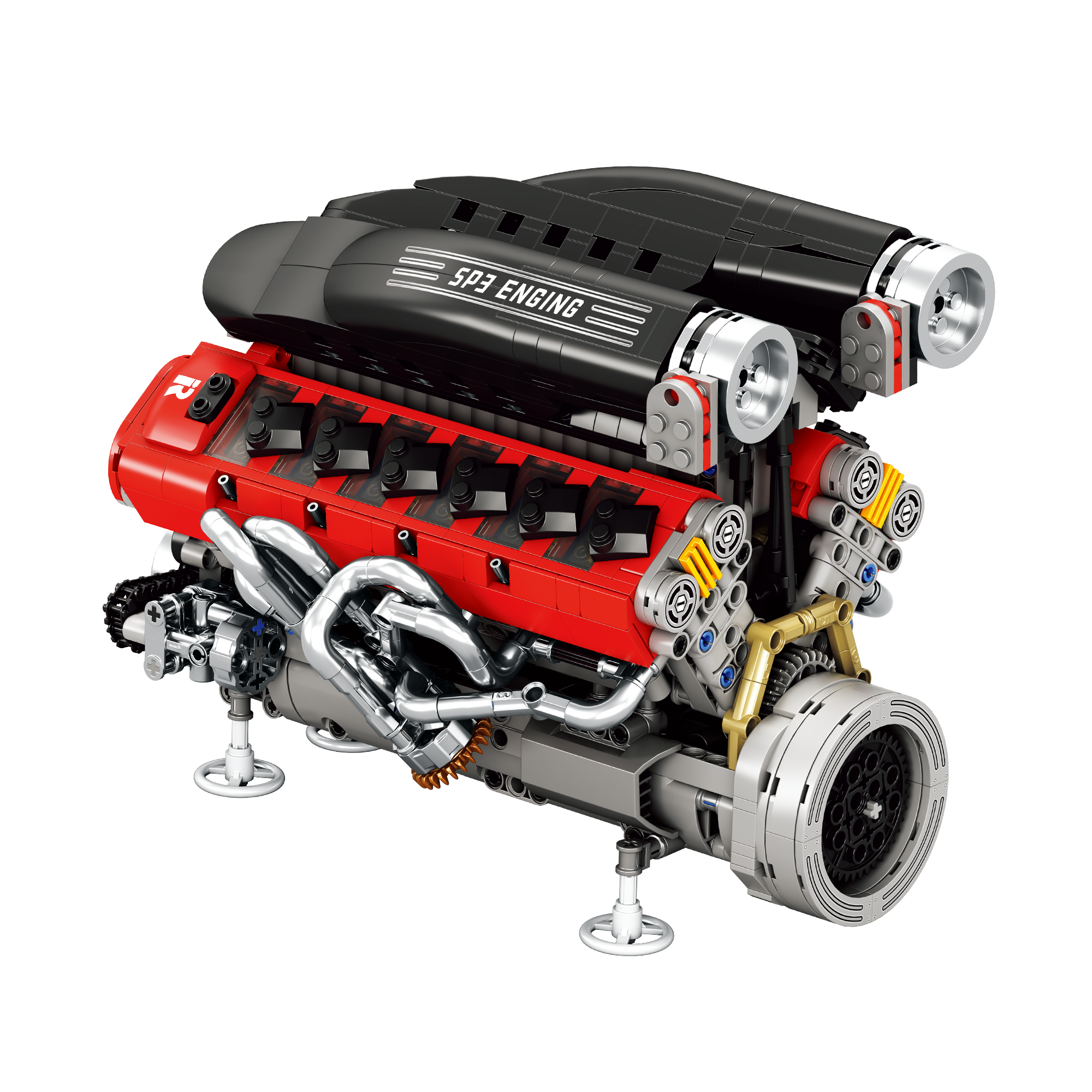 Moteur en briques noir et rouge avec éléments jaunes et ventilateur arrière
