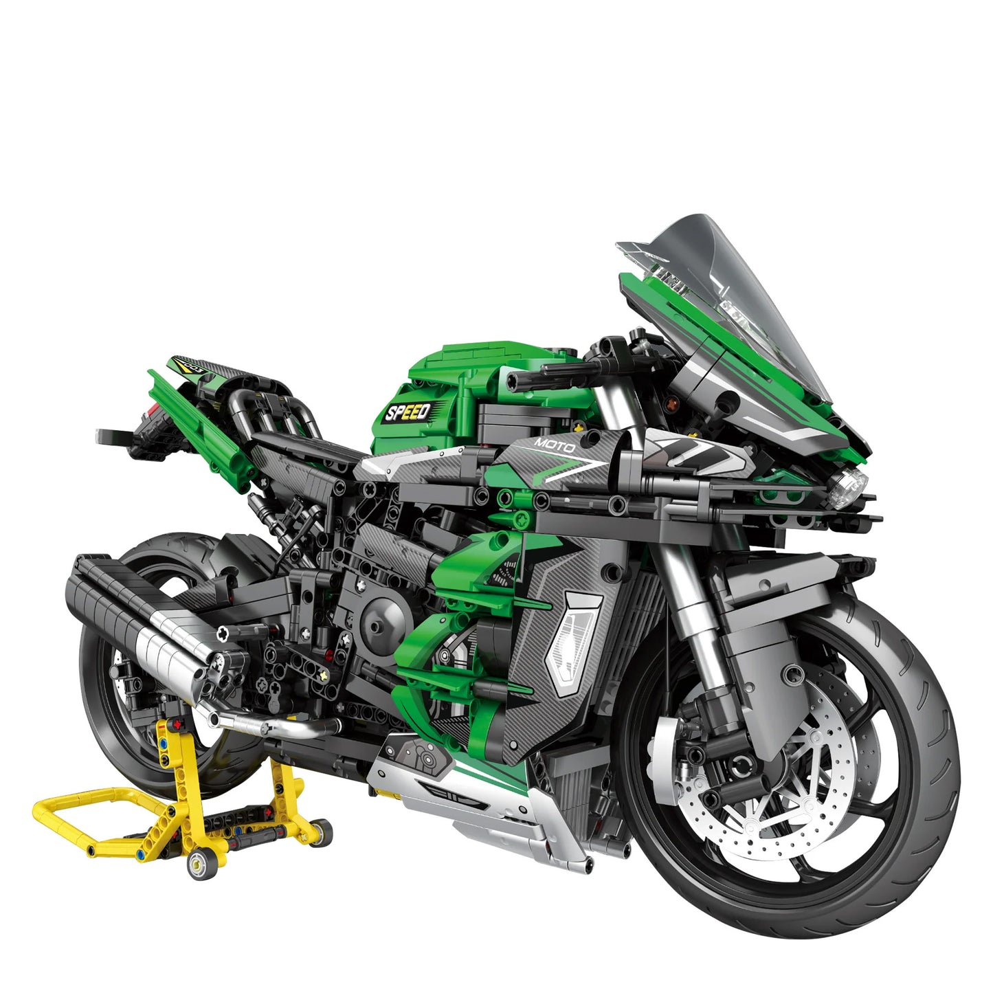 Moto en briques Technic vue 3/4 arrière, vert, gris et noir, roues et support jaune
