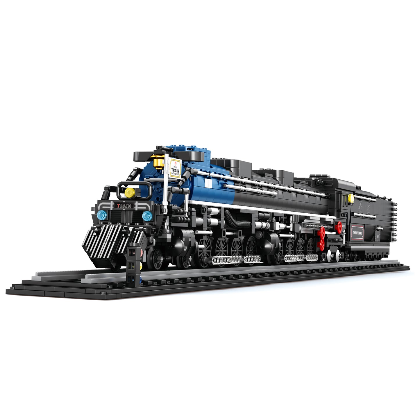 Locomotive à vapeur REOBRIX bleue et noire, vue 3/4 avant sur rail.