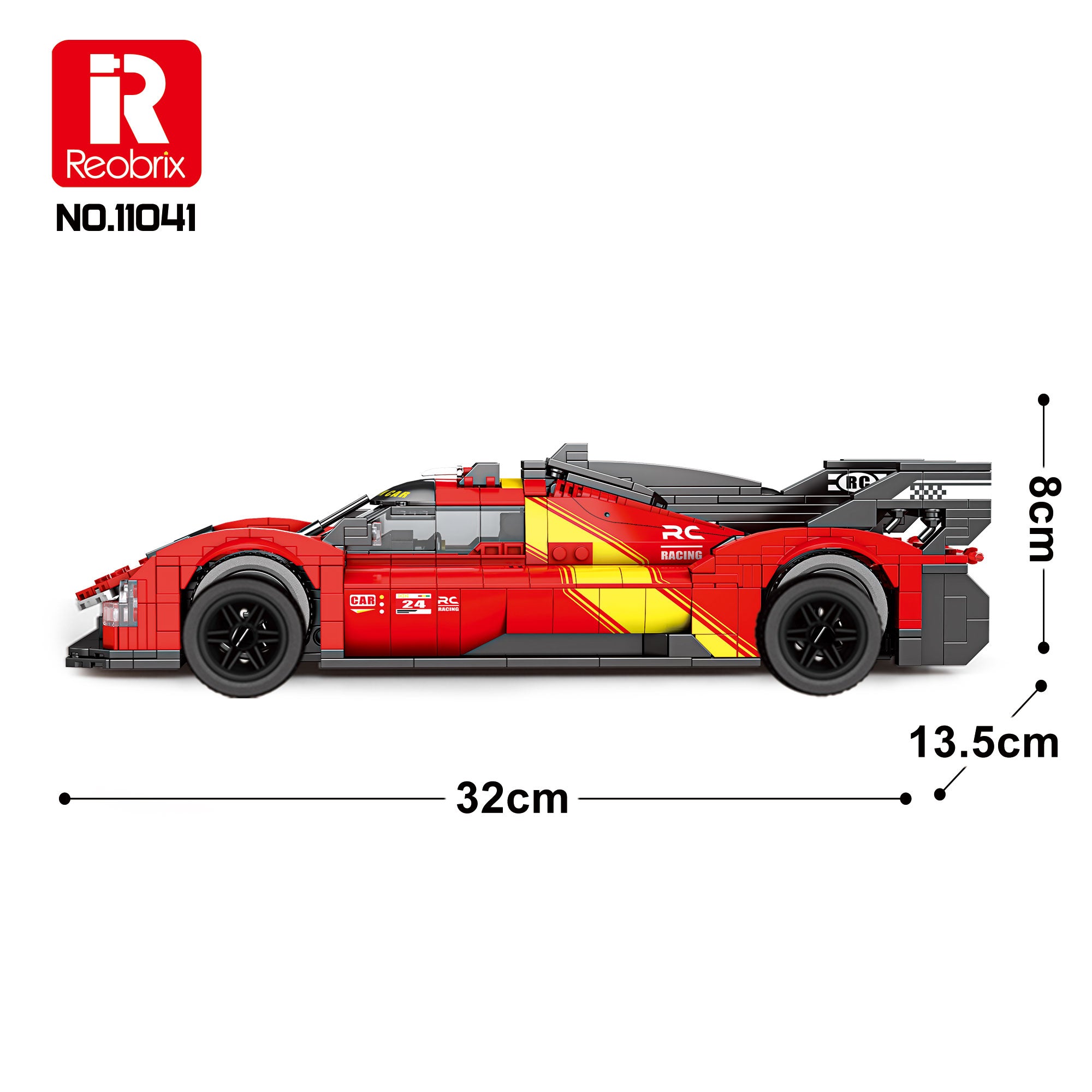 Briques HyperCar REOBRIX rouge et noir avec bandes jaunes, longueur 32 cm